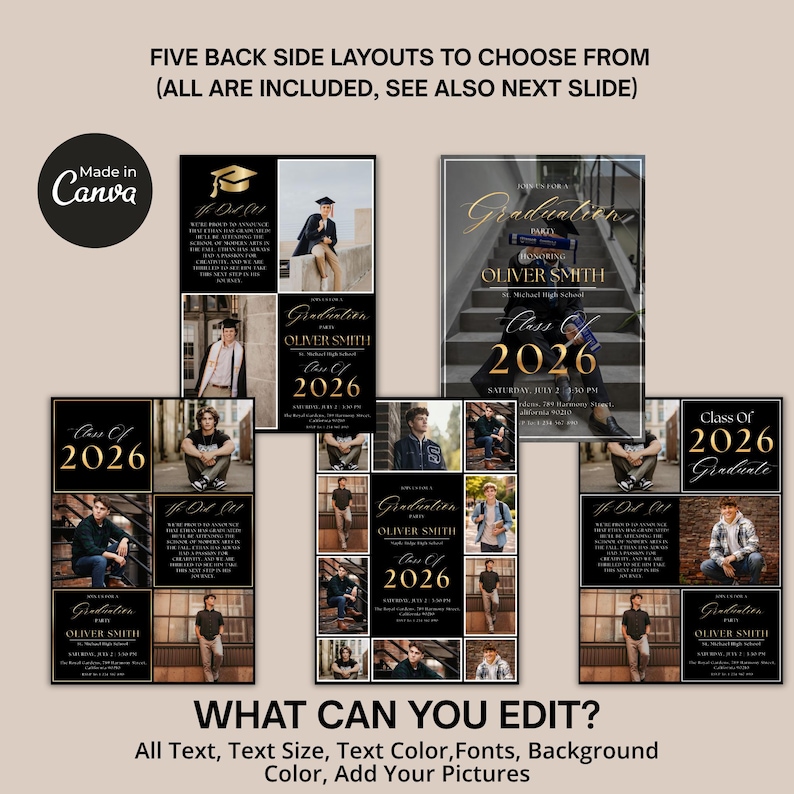 Class of 2026 graduation party invitation template with elegant script typography and modern photo collage design. Editable Canva graduation announcement ideal for boys graduation invitations and high school graduation celebration cards.