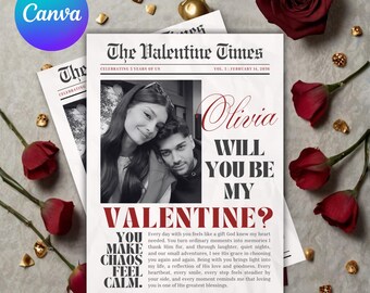 Plantilla de periódico "¿Serás mi Valentín?", Periódico de Cupido para San Valentín, Diseño editable en Canva, Idea de regalo imprimible para San Valentín.