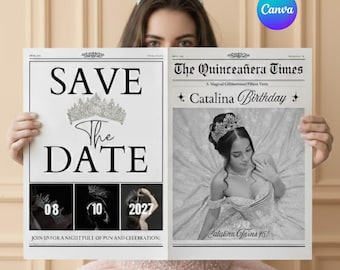 Editable Quinceañera Save the Date Newspaper Template | Newspaper Sweet 15 Announcement |Quince Photoshoot Invitation | Quinceañera Invite