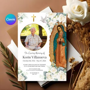 May include: A memorial card with a photo of a man, a gold cross, and an illustration of the Virgin Mary. The card includes text: "In Loving Memory of Korin Villanueva, October 06, 1952 - May 07, 2026." Floral and dove accents.