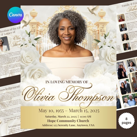 8 page White and Gold roses Funeral Program Template, Memorial Program, Obituary Book, Celebration of Life, In Loving Memory Editable Design