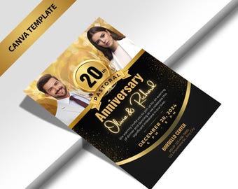 May include: A black and gold anniversary invitation template with the text "20th Pastoral Anniversary Olivia & Richard". The invitation includes photos of a couple and event details for December 20, 2024.