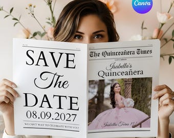 Periódico para guardar la fecha de quinceañera, plantilla editable de periódico de cumpleaños de Canva, periódico grande personalizado, recuerdo fotográfico, descarga digital