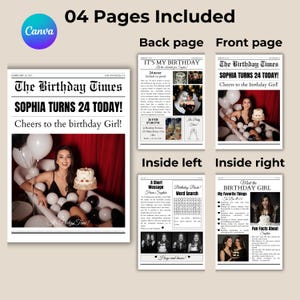 Puede incluir: Un dise&ntilde;o de peri&oacute;dico de cumplea&ntilde;os de cuatro p&aacute;ginas. El titular de la portada dice "SOPHIA TURNS 24 TODAY!" con una foto de una mujer sosteniendo un pastel. Otras p&aacute;ginas incluyen una contraportada, interior izquierdo e interior derecho.