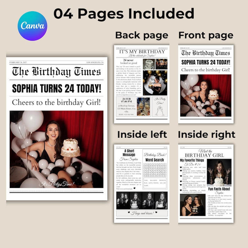 Puede incluir: Un dise&ntilde;o de peri&oacute;dico de cumplea&ntilde;os de cuatro p&aacute;ginas. El titular de la portada dice "SOPHIA TURNS 24 TODAY!" con una foto de una mujer sosteniendo un pastel. Otras p&aacute;ginas incluyen una contraportada, interior izquierdo e interior derecho.