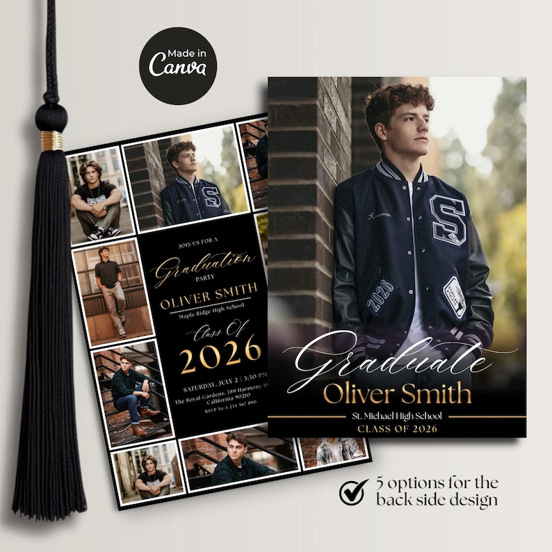 Modern graduation announcement and invitation template with navy blue and gold theme featuring graduate photo and elegant typography. Class of 2026 senior graduation party invite editable in Canva for high school or college graduation celebrations.