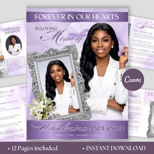 May include: A funeral programme template featuring a purple and white colour scheme with the text FOREVER IN OUR HEARTS, IN LOVING MEMORY, and the name Wilhelmina Anderson. It includes a portrait of a person in a white blazer inside a silver frame.