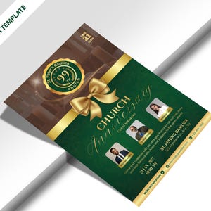 Pu&ograve; includere: Un volantino verde e oro per l'anniversario della chiesa con il testo "Church Anniversary" e "St. Peter's Basilica". Il volantino include foto degli oratori ospiti, dettagli dell'evento e un design a nastro e fiocco dorato.