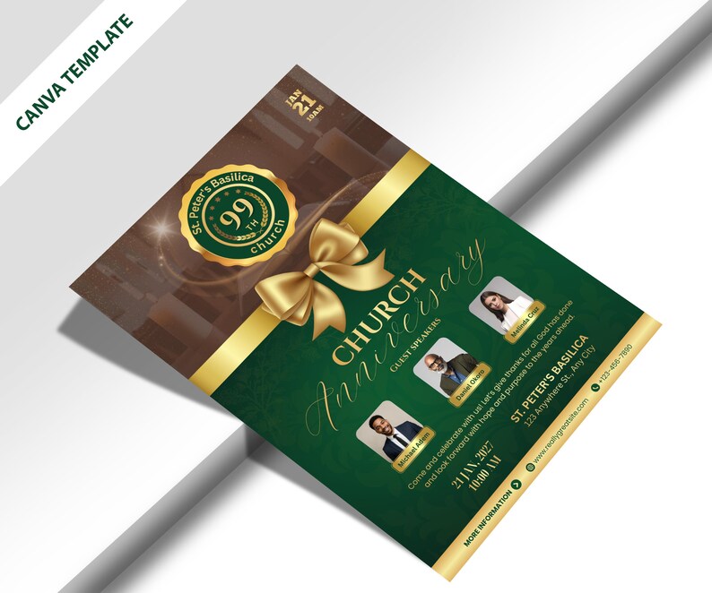 Pu&ograve; includere: Un volantino verde e oro per l'anniversario della chiesa con il testo "Church Anniversary" e "St. Peter's Basilica". Il volantino include foto degli oratori ospiti, dettagli dell'evento e un design a nastro e fiocco dorato.