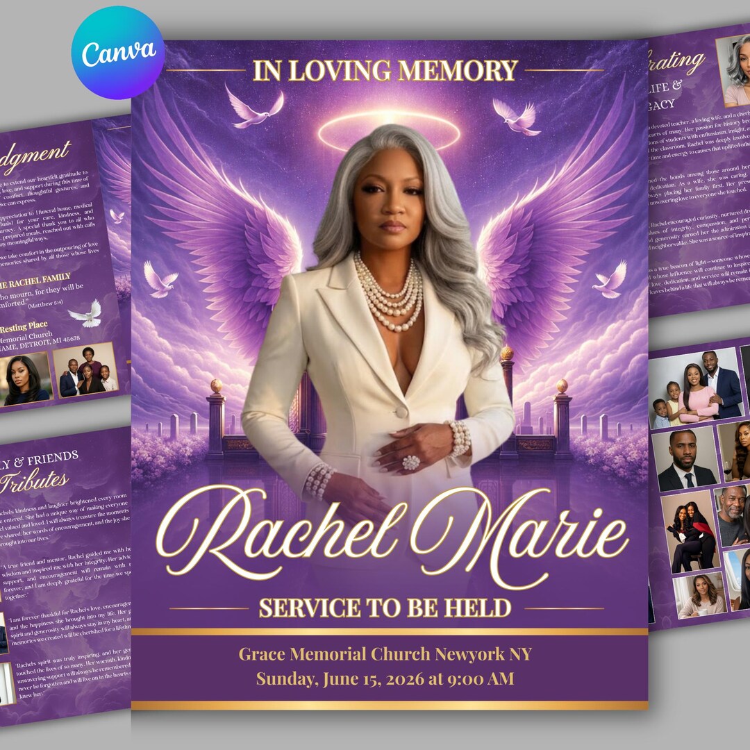 Purple Roses Funeral Program Template, Funeral Programs 8-page ...