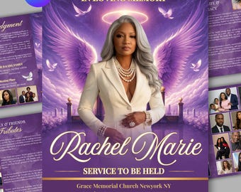 Purple Roses Funeral Program Template, funeral programs 8-Page Celebration of Life Obituary Bifold Brochure (Canva Download)