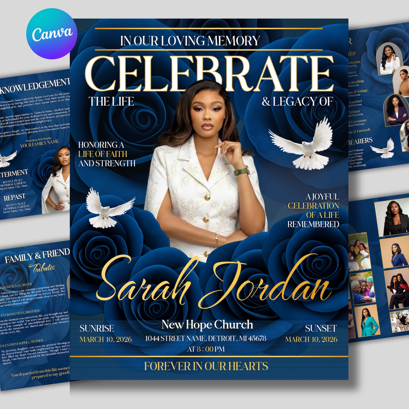 Blue Roses Funeral Program Template: 8-page Memorial (canva, PDF ...