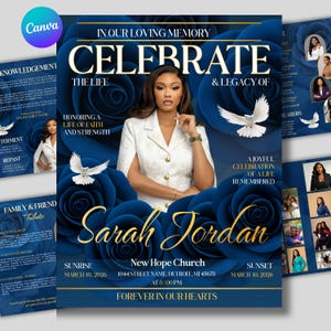 Blue Roses Funeral Program Template: 8-Page Memorial (Canva, PDF Download) Funeral Magazine program, Celebration of Life Brochure Template