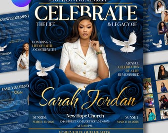 Blue Roses Funeral Program Template: 8-Page Memorial (Canva, PDF Download) Funeral Magazine program, Celebration of Life Brochure Template