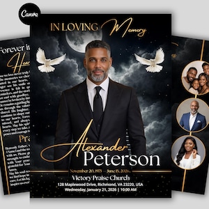 Puede incluir: Tarjeta conmemorativa con un retrato de un hombre con traje, el texto "In Loving Memory" y el nombre "Alexander Peterson". Incluye fechas, detalles de la iglesia y un gráfico de paloma.