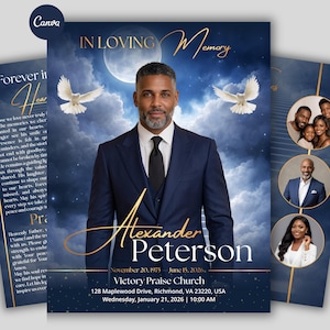 May include: A memorial service announcement with a portrait of a man in a navy suit, the text "In Loving Memory" and the name "Alexander Peterson." Includes details of the service date, time, and location, with a background of a night sky and doves.