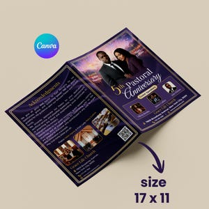 May include: A purple and gold brochure for the 5th Pastoral Anniversary of Grace Life Church, featuring Pastor John Harris and First Lady Mary Collins. The brochure includes guest speakers, event details, and the size is 17 x 11 inches.