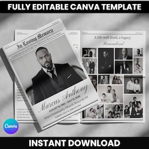 May include: A black and white memorial newspaper template with the text "In Loving Memory" and "A life well lived, a legacy remembered." The template includes a photo of a man and family photos. The text "Marcus Anthony" is also visible.
