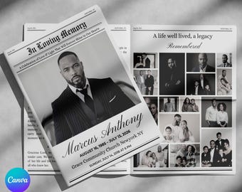 Minimal Funeral Program newspaper Template: 4-Page Memorial (Canva, PDF Download) Funeral programs, Celebration of Life Brochure Template
