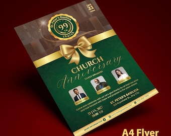 Green & Gold Church Anniversary Flyer, Elegant Canva Template (Digital Download)