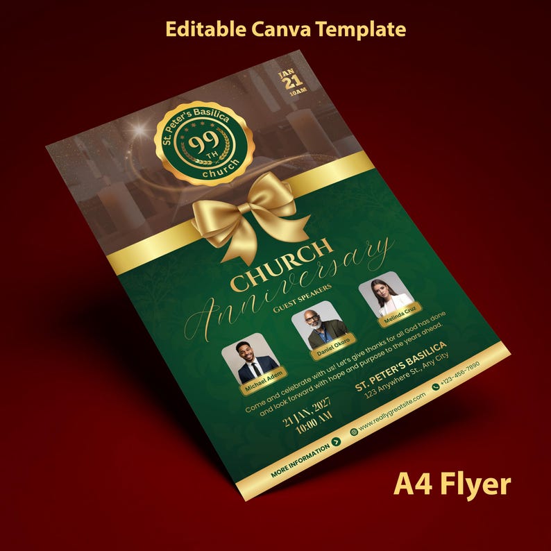 Pu&ograve; includere: Volantino A4 per il 99&deg; anniversario della chiesa della Basilica di San Pietro. Il design presenta un fiocco dorato, sfondo verde e testo, tra cui data, ora e nomi degli oratori. Modello Canva modificabile.