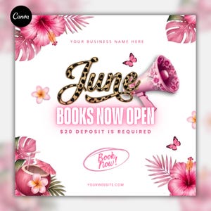Summer salon booking flyer with leopard print lips, beach hat accessories and editable Canva beauty template for June books open promotions and Instagram beauty flyer campaigns.
Editable June booking flyer with tropical summer aesthetic, cheetah print typography and beauty promo template for hairstylists, makeup artists and nail tech marketing.