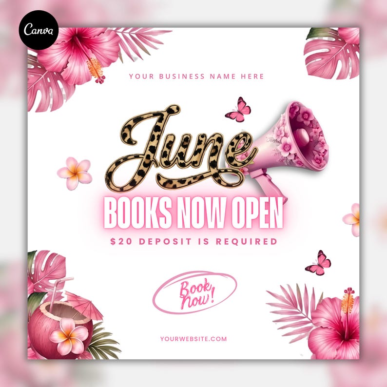 Summer salon booking flyer with leopard print lips, beach hat accessories and editable Canva beauty template for June books open promotions and Instagram beauty flyer campaigns.
Editable June booking flyer with tropical summer aesthetic, cheetah print typography and beauty promo template for hairstylists, makeup artists and nail tech marketing.