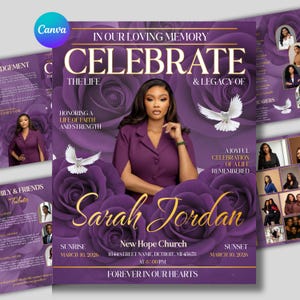 Peut inclure: Annonce de service commémoratif avec un thème violet et or. La conception comprend une photo d'une femme, des roses, des colombes et le texte "Célébrer la vie et l'héritage de Sarah Jordan". Le texte supplémentaire comprend la date, l'heure et le lieu du service.