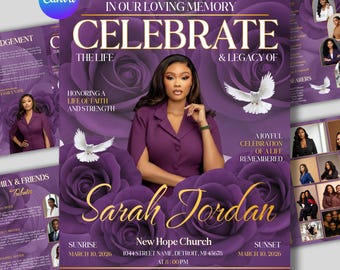 Purple Roses Funeral Program Template: 8-Page Memorial (Canva, PDF Download) Funeral Magazine program, Celebration of Life Brochure Template