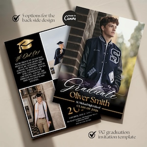 Senior graduation announcement template with modern navy blue design and multiple photo collage layout. Editable Canva graduation invitation perfect for Class of 2026 celebration, boys graduation party invite, and stylish graduation photo cards.