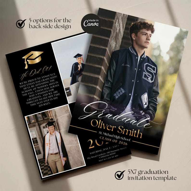 Senior graduation announcement template with modern navy blue design and multiple photo collage layout. Editable Canva graduation invitation perfect for Class of 2026 celebration, boys graduation party invite, and stylish graduation photo cards.