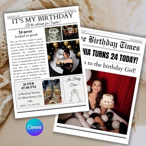 Puede incluir: Dos invitaciones de fiesta de cumplea&ntilde;os estilo peri&oacute;dico. La primera dice "It's My Birthday" y presenta una foto de una mujer sosteniendo un pastel. La segunda dice "Sophia Turns 24 Today!" con una foto de una mujer.