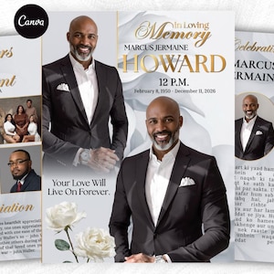 May include: A funeral program template featuring a man in a black suit and white shirt, with the text In Loving Memory, Marcus Jermaine Howard, 12 P.M., February 8, 1950 - December 11, 2026, and Your Love Will Live On Forever, with white roses.