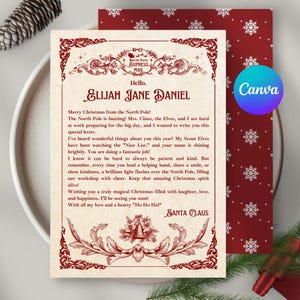 以下が含まれることがあります： サンタクロースからのクリスマスをテーマにした手紙で、Elijah Jane Danielに宛てられています。クリーム色の手紙には、装飾的な赤い縁取りがあり、「North Pole Express Mail」と書かれています。白い雪の結晶が入った赤い封筒が手紙の後ろにあります。