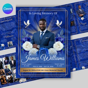 May include: A memorial card with a portrait of a man in a blue suit, surrounded by white and blue roses. The text reads "In Loving Memory Of James Williams" with dates and a church name. Two doves are featured.