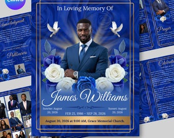 8-Page Blue Funeral Program Template, funeral flower keepsake, Bi-Fold Memorial Program, Obituary Template, Celebration of Life