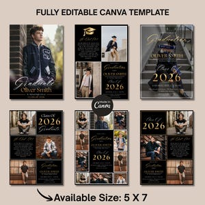 Senior graduation announcement template with modern navy blue design and multiple photo collage layout. Editable Canva graduation invitation perfect for Class of 2026 celebration, boys graduation party invite, and stylish graduation photo cards.