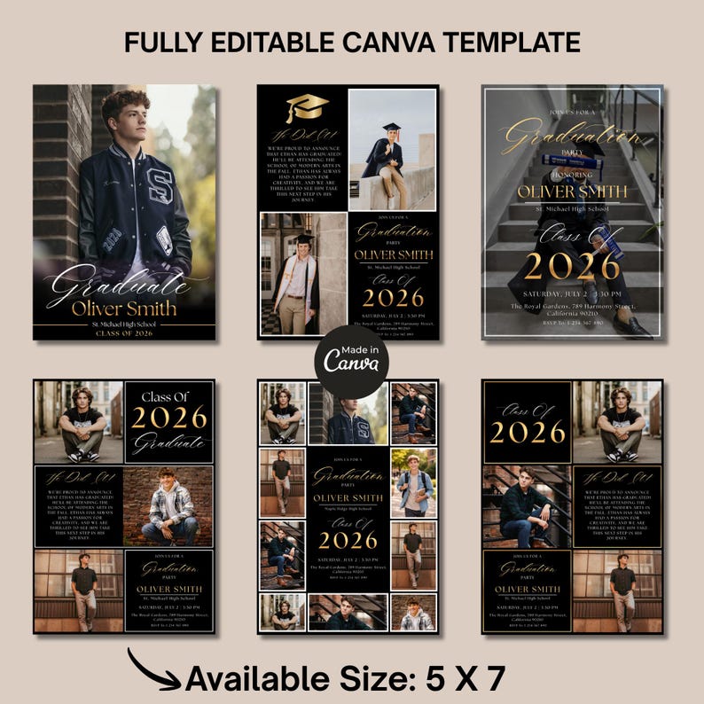 Senior graduation announcement template with modern navy blue design and multiple photo collage layout. Editable Canva graduation invitation perfect for Class of 2026 celebration, boys graduation party invite, and stylish graduation photo cards.