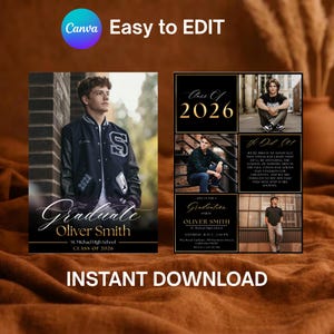 May include: A graduation announcement template with a photo of a graduate in a letterman jacket. The design includes the text "Graduate Oliver Smith, Class of 2026" and additional photos. The template is available for instant download.