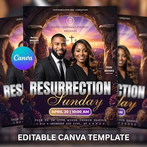 Resurrection Sunday Church Flyer Template-Editable Canva-Easter Service Promotion-He is Risen-Christian Event-Modern purple & White Design