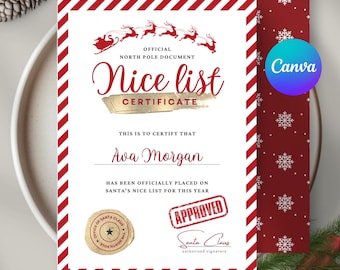 Santa's Official Nice List Certificate | Editable Printable | Christmas Reward | from the North Pole
