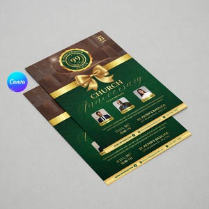 Pu&ograve; includere: Due volantini per un evento di anniversario della chiesa. Il design presenta una combinazione di colori verde e marrone con accenti dorati. I volantini includono il testo "Church Anniversary" e la data "21 gennaio". Ci sono anche immagini di relatori ospiti.