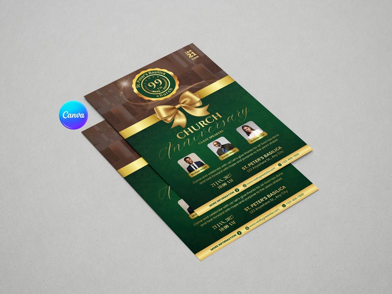 Pu&ograve; includere: Due volantini per un evento di anniversario della chiesa. Il design presenta una combinazione di colori verde e marrone con accenti dorati. I volantini includono il testo "Church Anniversary" e la data "21 gennaio". Ci sono anche immagini di relatori ospiti.