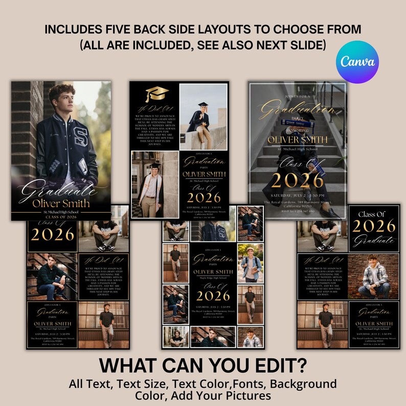May include: Graduation announcement templates with multiple layout options. The designs feature photos, text, and the Canva logo. The text includes "Graduate Oliver Smith Class of 2026" and "What Can You Edit?" in various layouts.