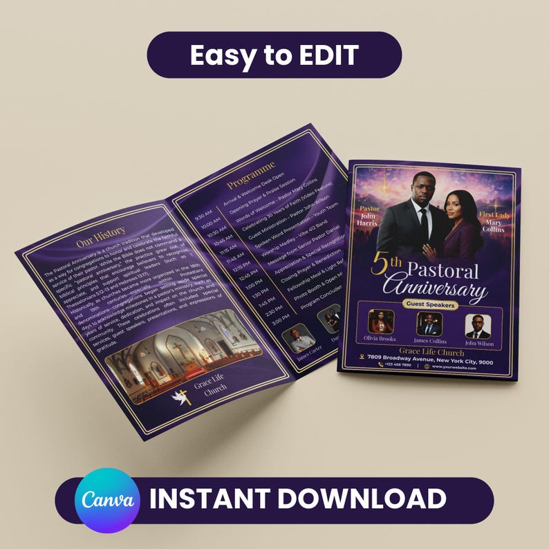 May include: A purple and gold tri-fold brochure for a church anniversary. The cover features a photo of a man and woman, with text that reads "5th Pastoral Anniversary." The brochure includes the text "Easy to EDIT" and "Canva INSTANT DOWNLOAD."