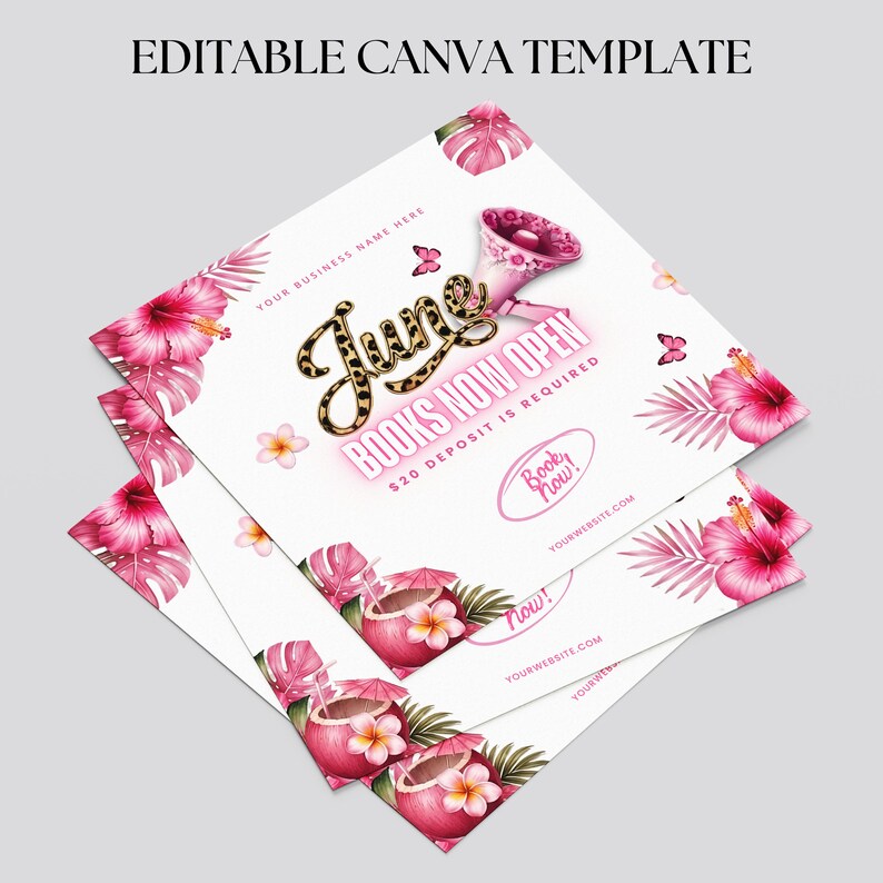 May include: A stack of white flyers with a tropical theme. The flyers feature pink hibiscus flowers, butterflies, and text that reads "June BOOKS NOW OPEN." The design includes a megaphone and coconut drinks.