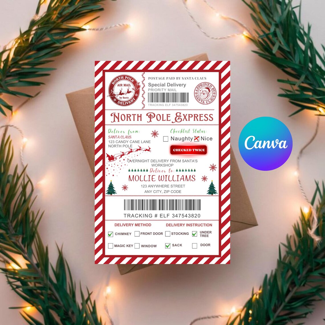 Santa Mail Sticker Label Template, Editable Canva Thermal Label Designs ...