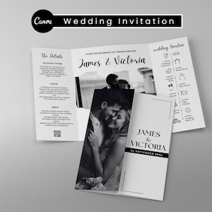 Op de afbeelding: Een zwart-wit trouwkaart met de namen "James & Victoria" en de datum "26 november 2026." De uitnodiging bevat details, cadeaus en RSVP-informatie, samen met een bruilofttijdlijn.