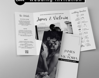 Photo Gatefold Wedding Invitation Template, Folded Wedding Trifold Invitation, Photo Booth Strip Folded Invitation, Canva Editable Template