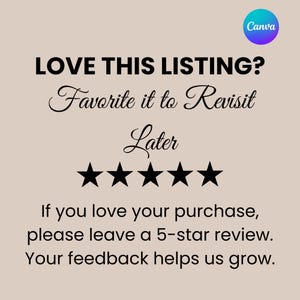 May include: A beige graphic with the text "LOVE THIS LISTING? Favorite it to Revisit Later" and five black stars. Below, it reads "If you love your purchase, please leave a 5-star review. Your feedback helps us grow."
